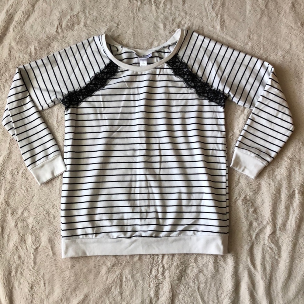 Motherhood Maternity White and Black Striped Lace-Accent Maternity Sweatshirt